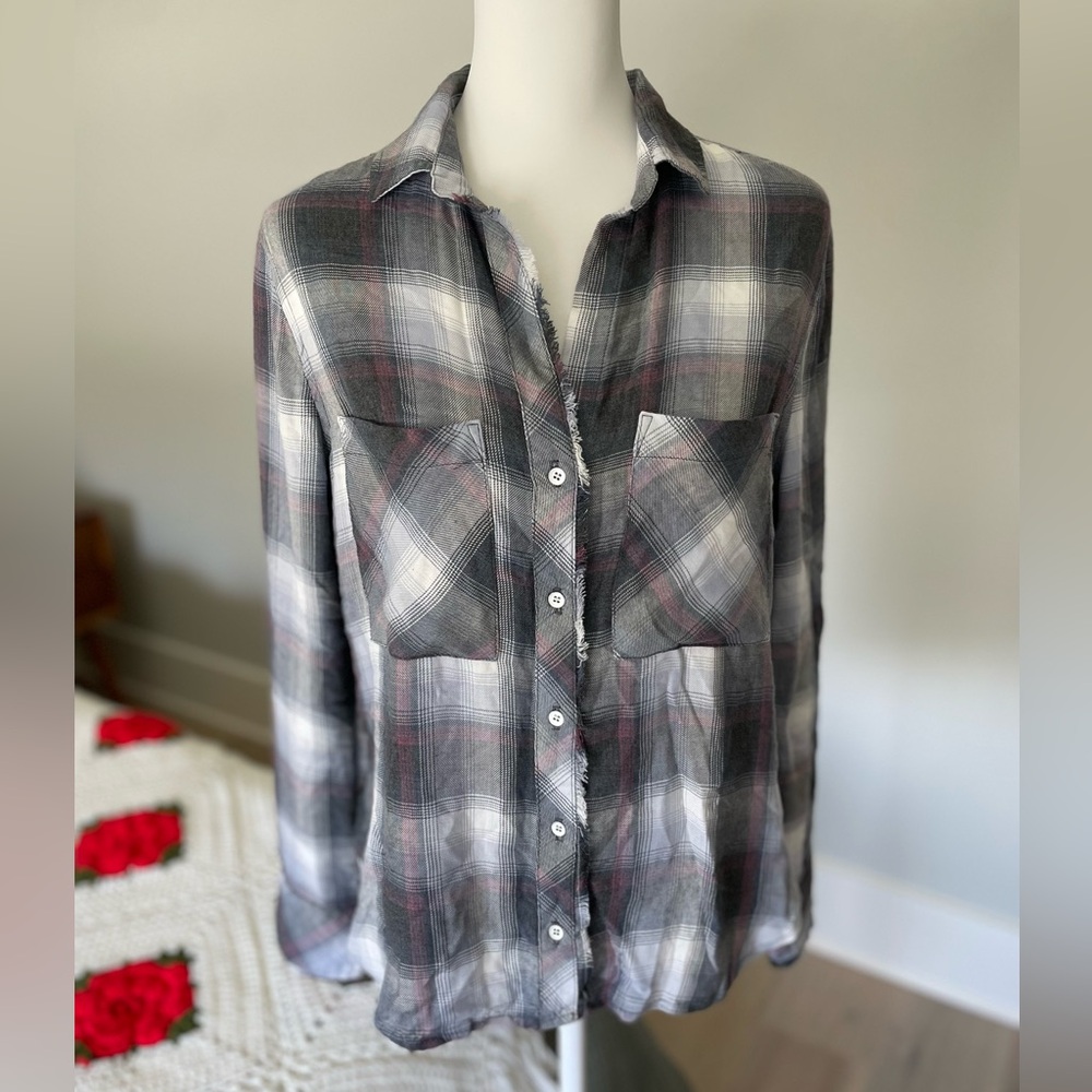 Bella Dahl Frayed-Hem Plaid Button-Down Shirt Size Small